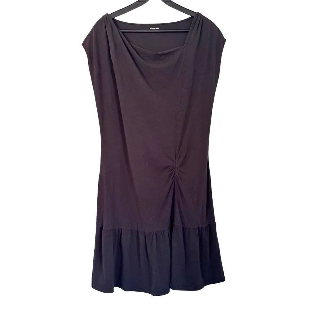 Garnet Hill Easy Tee Black Ruched Ruffle Shirt Dress Size Small